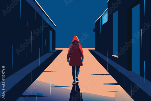 girl in hoodie walking alone in alley drizzle .eps
