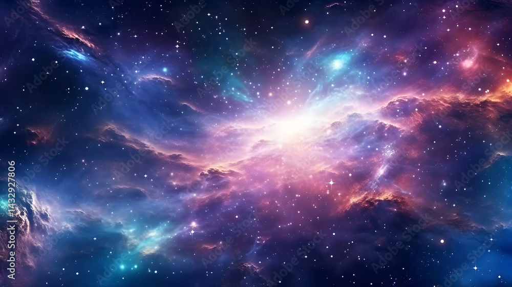 Naklejka premium A vibrant, colorful nebula with a starburst in the center, set against a backdrop of deep blue and purple hues.