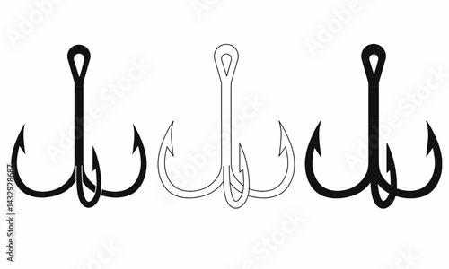 Vector illustration of triple fishing hook icons in bold,silhouette and outline styles. Perfect for fishing gear, outdoor, logo, or nautical design themes. Isolated on white.