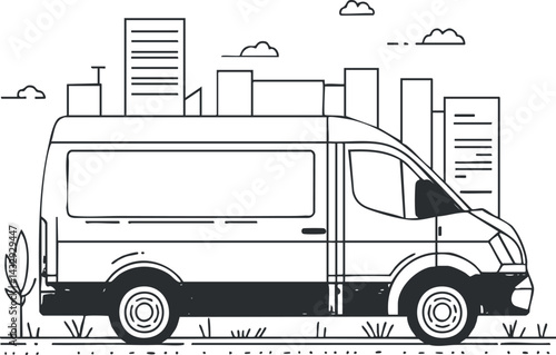 Black and white line art illustration of a delivery van with city skyline in background