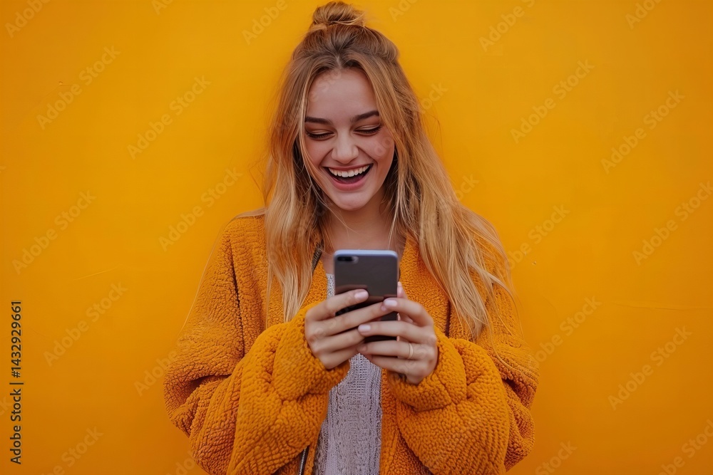 Fototapeta premium A cheerful young woman joyfully using her phone in front of a vibrant yellow backdrop.