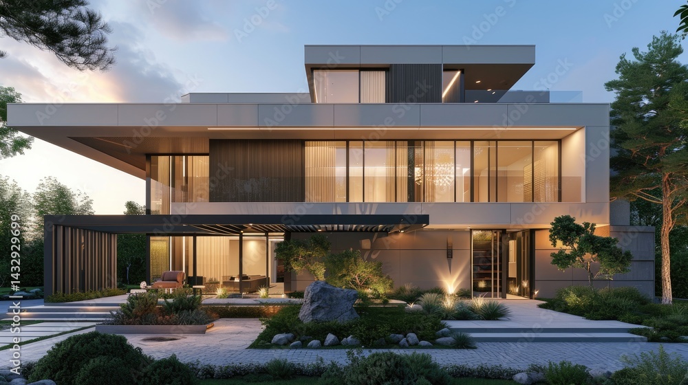 Modern Residential Luxury Home Evening Illumination With Minimalist Garden