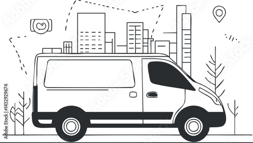 Side view of a delivery van in a city with buildings and navigation icons in black and white