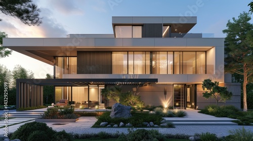 Obraz na płótnie Modern Residential Luxury Home Evening Illumination With Minimalist Garden w salonie