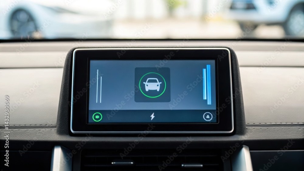 Obraz premium Digital dashboard displaying vehicle settings in a modern electric car interior.
