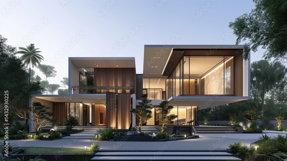 Modern Exterior Architectural Design Luxurious House Evening Ambiance