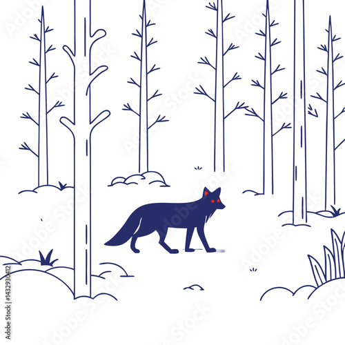 "Elegant fox silhouette walking through a mystical forest at night under a starry sky, howling on a cliff with glowing eyes, vector illustration"
