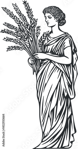 Black and white illustration of a classical woman holding a bundle of wheat representing agriculture and harvest