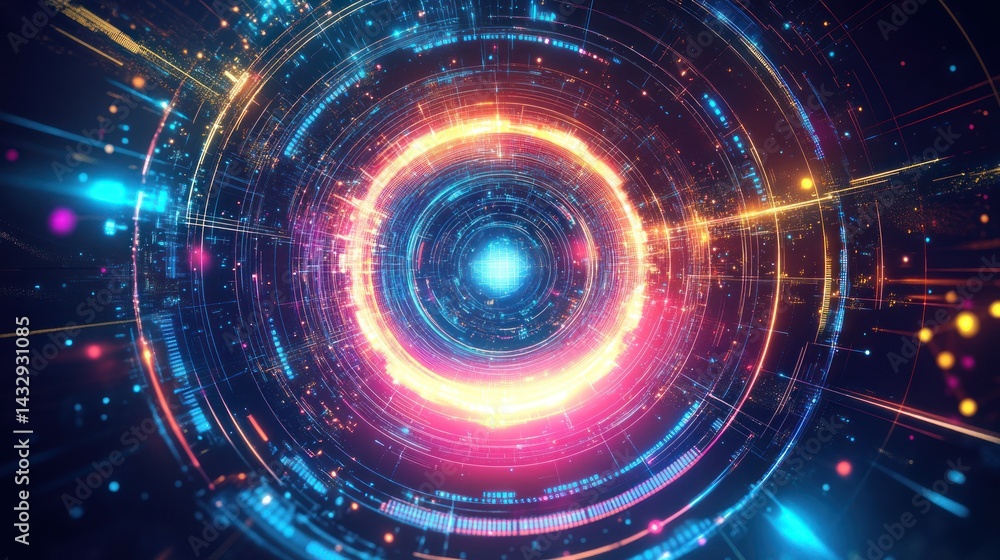 Abstract vibrant circular light tunnel with glowing particles and energy streaks. Abstract vibrant circular light tunnel with glowing particles and energy streaks.