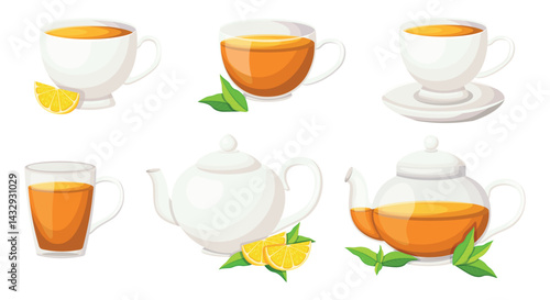 Tea brewing set in cartoon style. Vector illustration of porcelain, glass teapots and cups, tea pair,saucer,lemon slices,fresh tea leaves isolated on white background.Aromatic black tea.Warming drink.