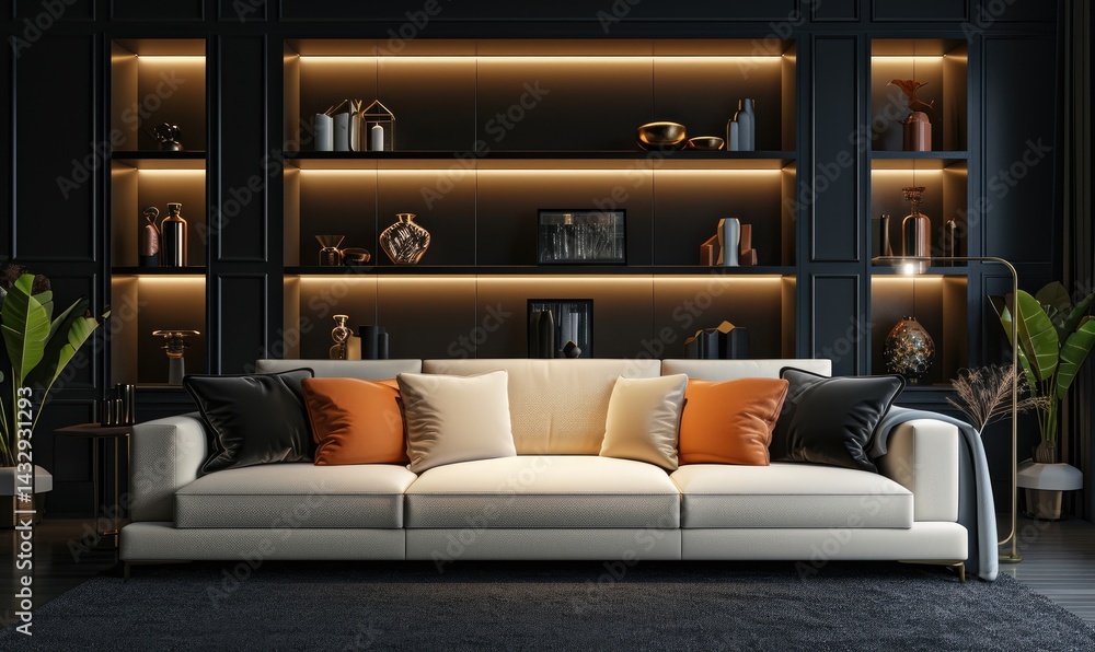 Elegant Modern Living Room Decor With White Sofa And Illuminated Shelves Background