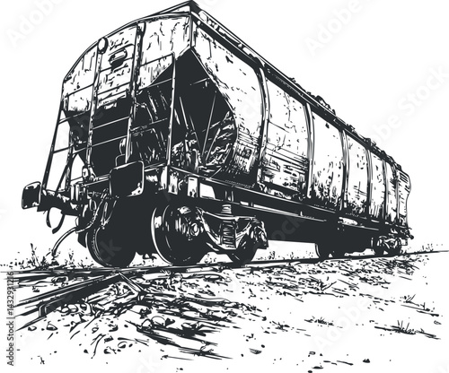 Black and white illustration of an old freight railcar standing on railroad tracks for industrial cargo transport