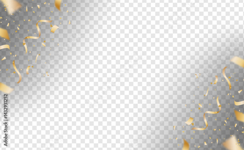 Golden confetti and ribbons decorate the left and right sides with transparent background. Ideal for party invitation, festive border, and celebration overlay design.