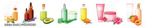Set of organic cosmetics in cartoon style. Vector illustration of natural cosmetics: serums, jars, cream tubes, dispenser, spray, bottles.Orange, lavender, avocado, calendula,rose, peach in cosmetics.