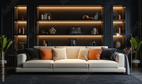 Obraz na płótnie Elegant Modern Living Room Decor With White Sofa And Illuminated Shelves Background w salonie