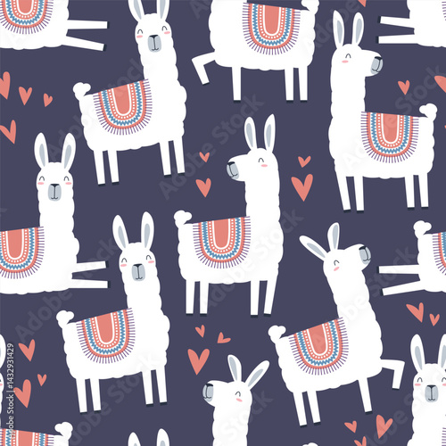 Cute llama seamless pattern childish and playful style. Vector illustration for textile, clothing, apparel, print, wrapping paper, kindergarten, nursery, kids background and other