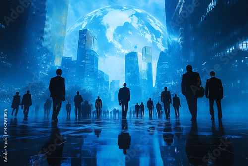Business People Walking Futuristic Cityscape Night