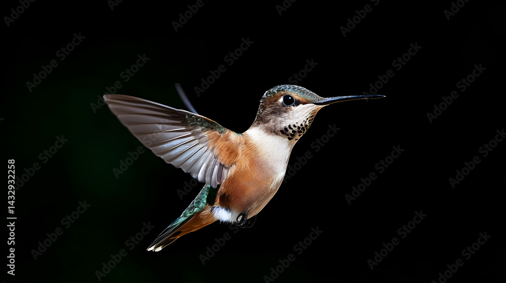 Fototapeta premium Rufous Hummingbird In Flight Against Black Background
