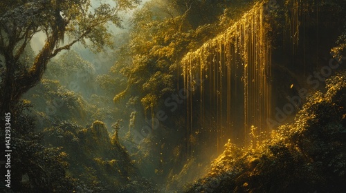 Lush forest scene with dense foliage and sunlight filtering through trees.