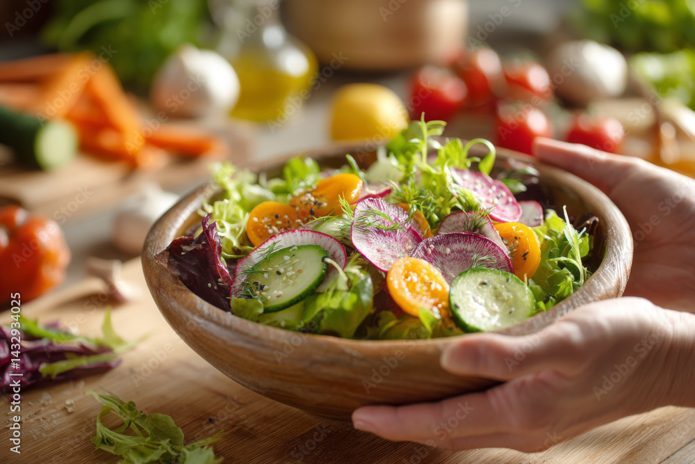 Colorful mixed vegetable salad with tomatoes, lettuce and cucumber in bowl with blurred kitchen background. Healthy vegetarian meal
