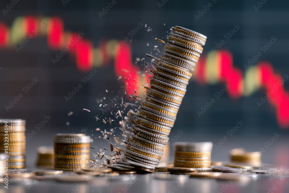 Falling stack of coins with red stock chart in background. Concept of economic downturn, inflation or stock market crash