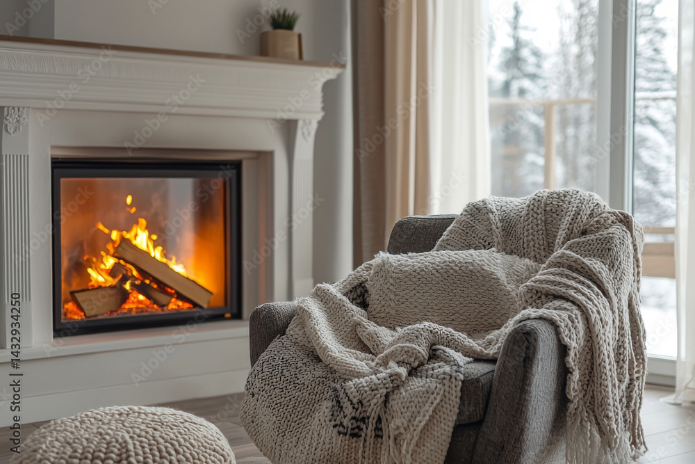 Hygge living room interior with blanket on cozy armchair and burning fireplace. Comfortable home corner for relaxation