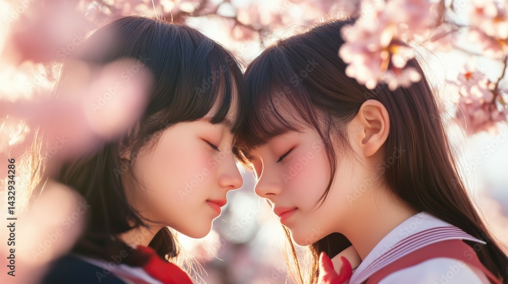Fototapeta premium Girls with closed eyes under flowers