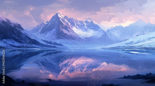 Snowy mountains reflected in calm water under a cloudy sky.
