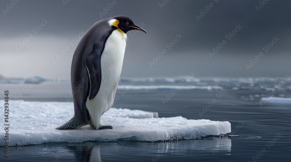 Obraz premium The fragility of nature visualized. This photorealistic image uses a penguin on fragmented ice as a powerful metaphor for habitat loss and global warming. Ideal for awareness campaigns.