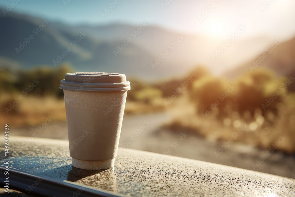 Takeaway coffee cup on car hood with scenic road in background. Morning coffee to go on vehicle. Travel coffee break during road trip