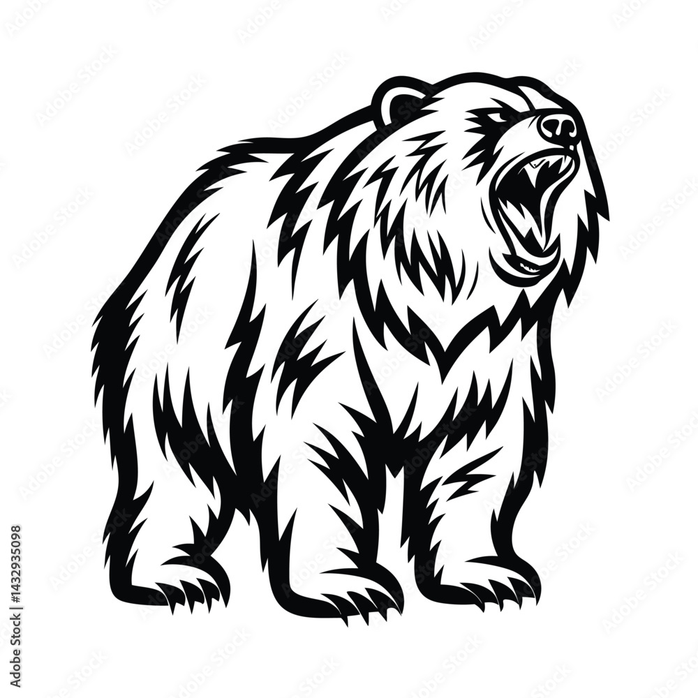 Obraz premium Silhouette of Roaring Bear Black and White Angry Grizzly on Isolated Background