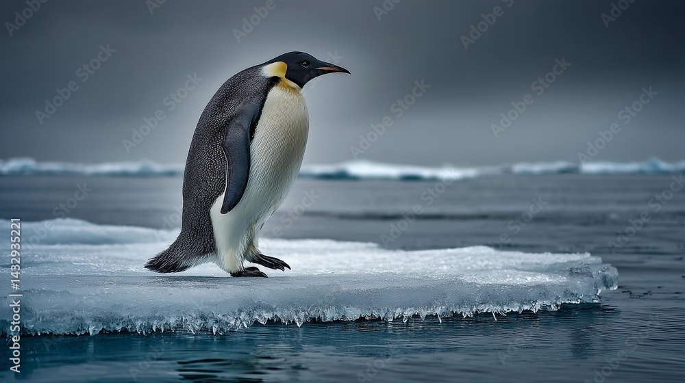 Naklejka premium Stark environmental commentary for World Penguin Day. A lone penguin isolated on a melting ice floe evokes vulnerability and the urgency of climate action. Conceptual nature shot.