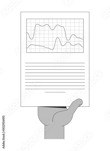 Hand holding dual-line graph report outline illustration. Comparative trends. Corporate paperwork. Business fluctuations analytics isolated 2D vector image black and white. Linear drawing clip art