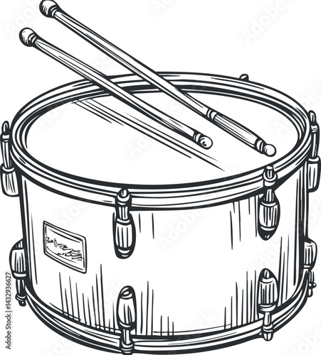 Black and white line art illustration of a snare drum with two drumsticks resting on top, representing music and percussion instruments.