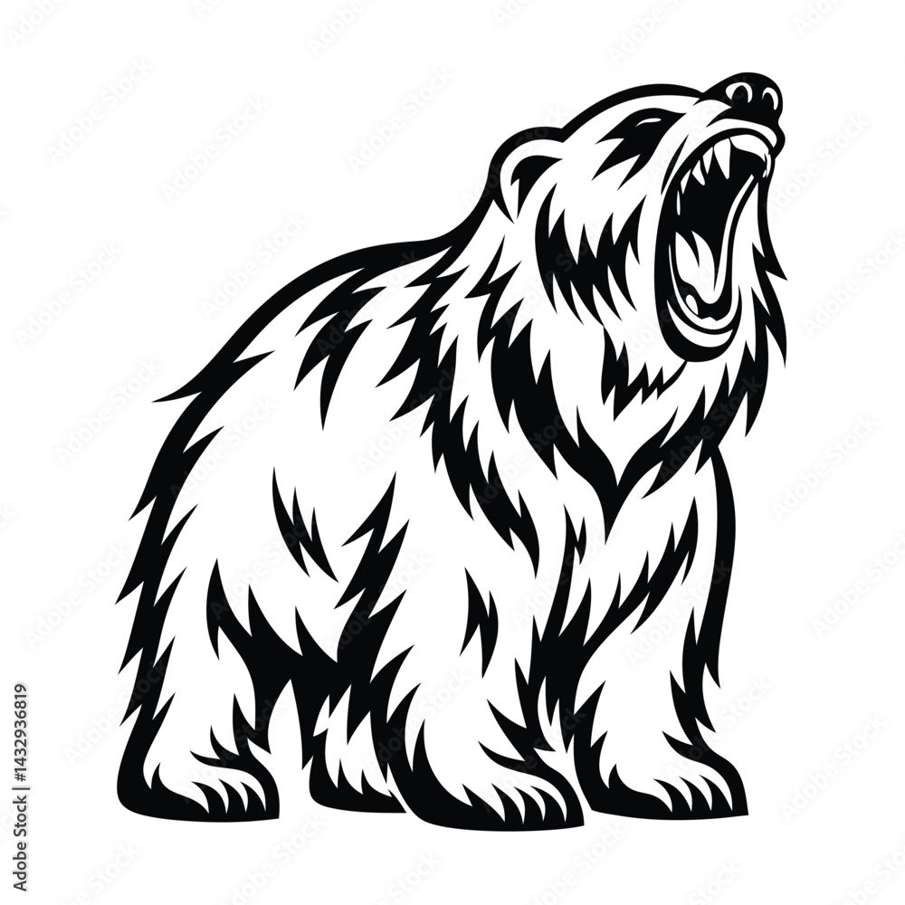 Fototapeta premium Stylized Roaring Bear in Black and White Silhouette with Open Mouth Isolated