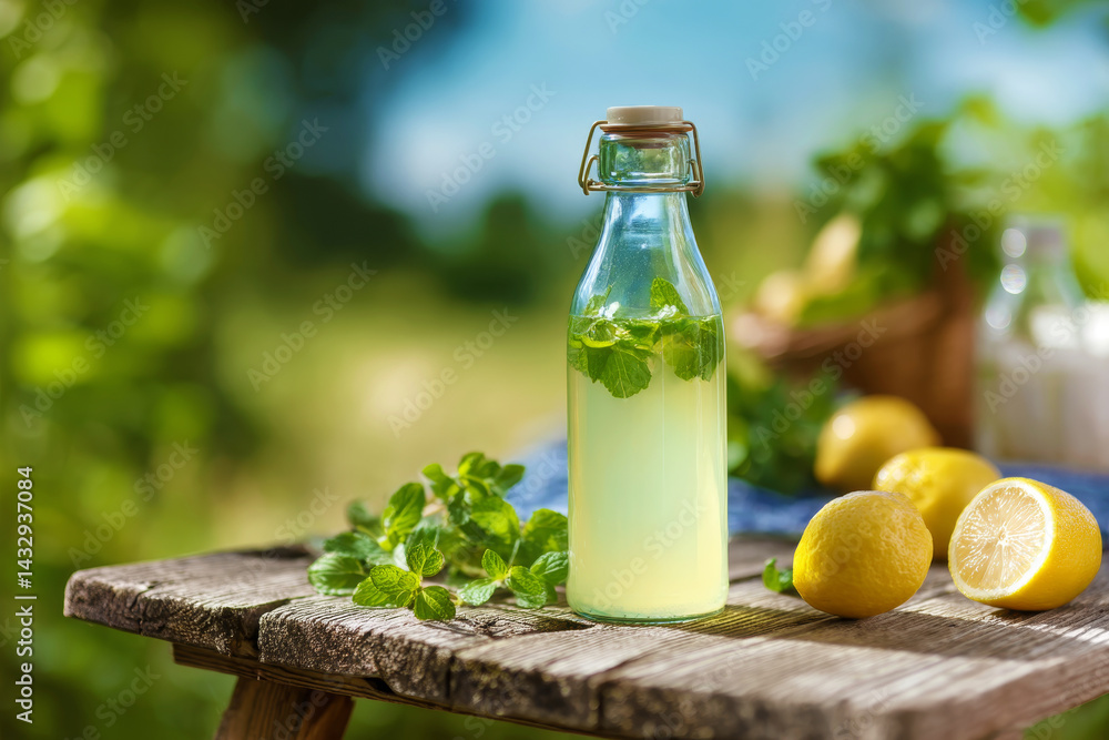 Glass bottle of homemade lemonade with lemons and mint leaves on wooden outdoor table. Fresh summer drink with citrus