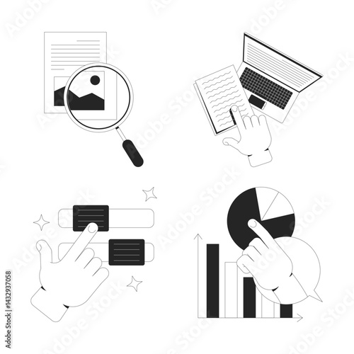 User interaction and data exploration line onboarding ui illustrations set. Study document, closer look, sliders, analytics outline 2D concepts isolated. Ink linear metaphor vector art collection