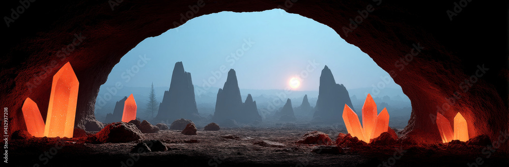 Fototapeta premium stunning cave landscape featuring glowing crystals and rocky formations. scene captures mystical atmosphere with soft light illuminating crystals, creating enchanting view of nature beauty