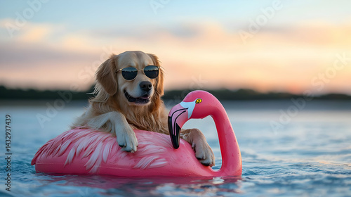 Golden Retriever Dog In Sunglasses On Pink Flamingo Float At Sunset Beach