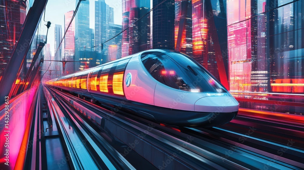 Futuristic high-speed train traveling on an elevated track through a vibrant cityscape at night. Futuristic high-speed train traveling on an elevated track through a vibrant cityscape at night.