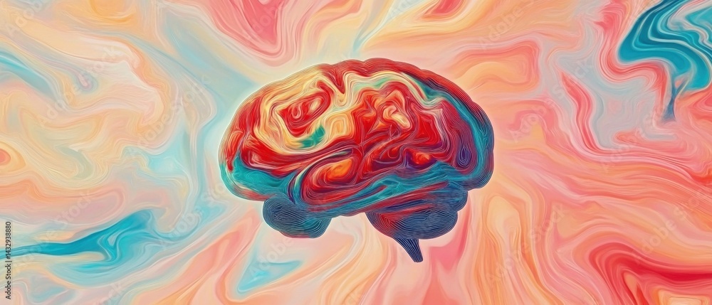 Obraz premium Colorful artistic brain illustration on abstract fluid background Concept of mental health, creativity, intelligence, and cognitive function