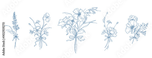 Elegant small Bouquets and Bows. Hand drawn Floral delicate botanical line art.  Wild and garden Flowers, leaves, herbs. Vector illustration for tattoo, wedding invitation, save the date card, frame