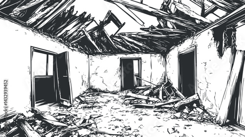 Black and white illustration of a destroyed and abandoned room with broken walls and collapsed roof debris