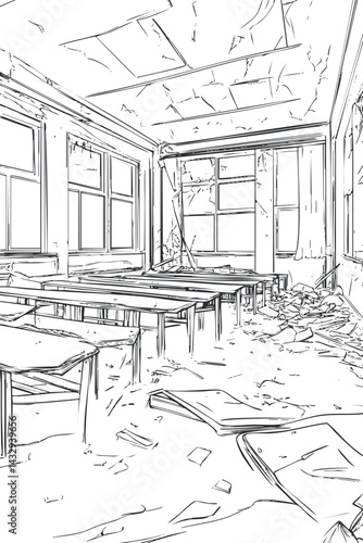 Abandoned and damaged classroom with broken desks and chairs covered in debris and dirt
