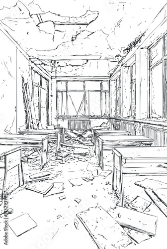 Abandoned classroom in ruins with broken desks windows and debris scattered on floor