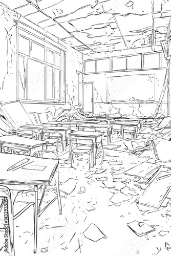 Abandoned classroom in ruins with broken desks chairs peeling walls and ceiling debris on floor