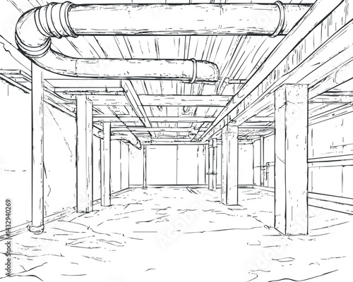 Empty industrial basement with ceiling pipes columns and unfinished concrete surfaces