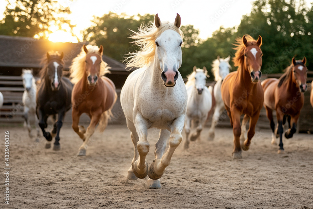 Fototapeta premium Horses galloping freely in a sunlit field during early evening hours
