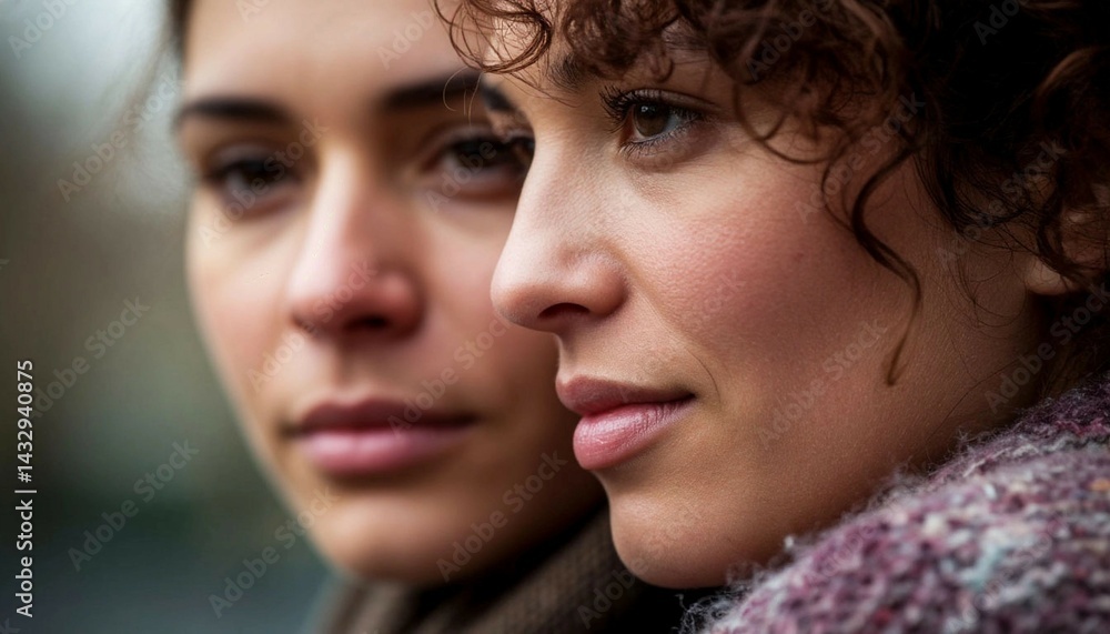 Obraz premium Two women looking toward the distance, expressing a sense of calm and peacefulness, possibly conveying thoughts or feelings of connection. A beautiful artistic portrait.