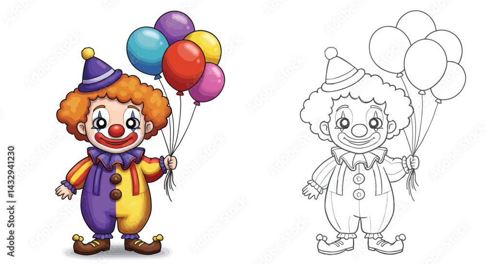 Fototapeta premium Cheerful Clown: A captivating and whimsical illustration of a jovial clown, complete with a vibrant costume and holding a bunch of colorful balloons, embodies the essence of entertainment and fun. 